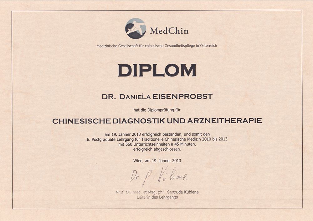 Diplom für chinesische Diagnostik und Arzneitherapie